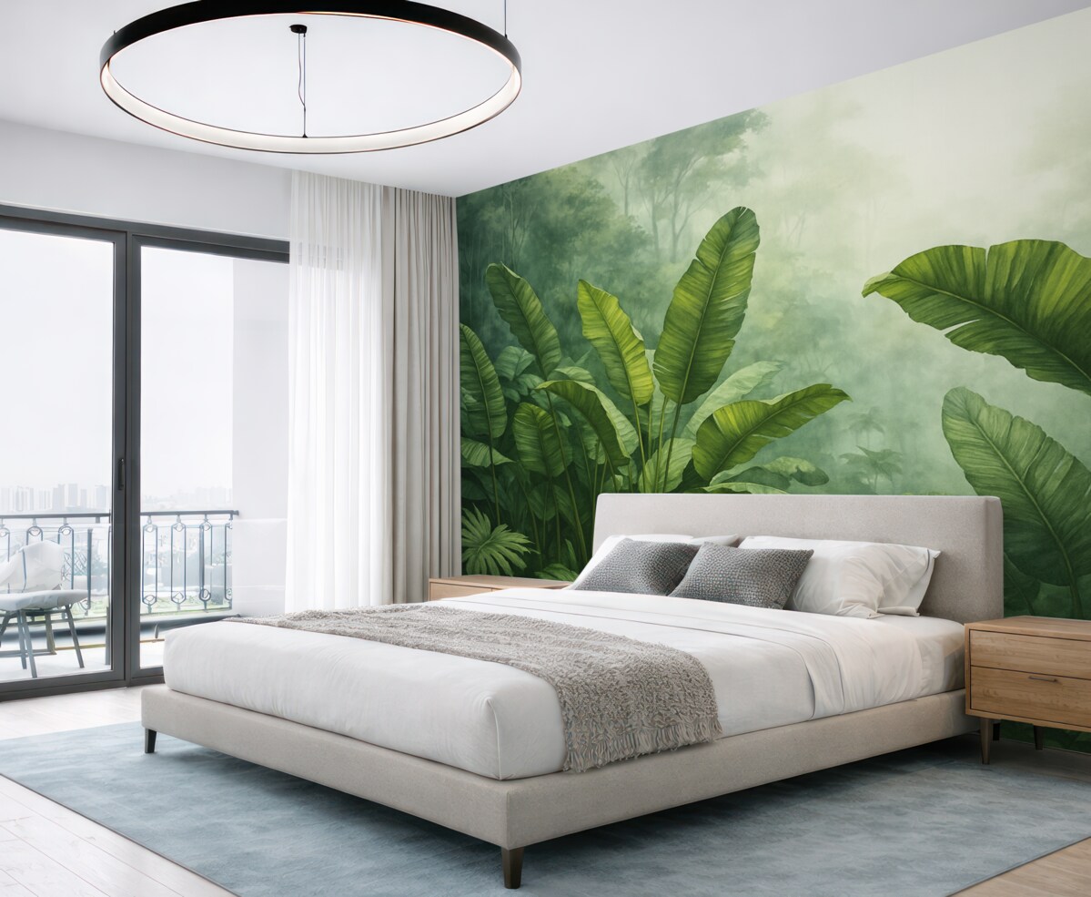 Fototapeta Tropikalne listowie w dżungli na tle oparów wilgotna akwarela.