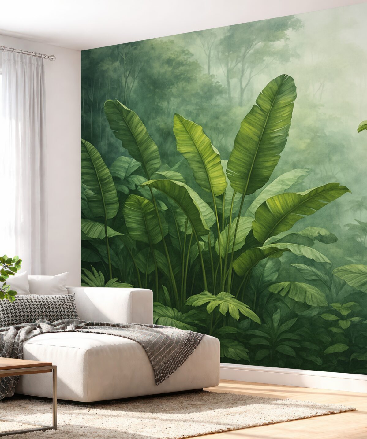 Fototapeta Tropikalne listowie w dżungli na tle oparów wilgotna akwarela.