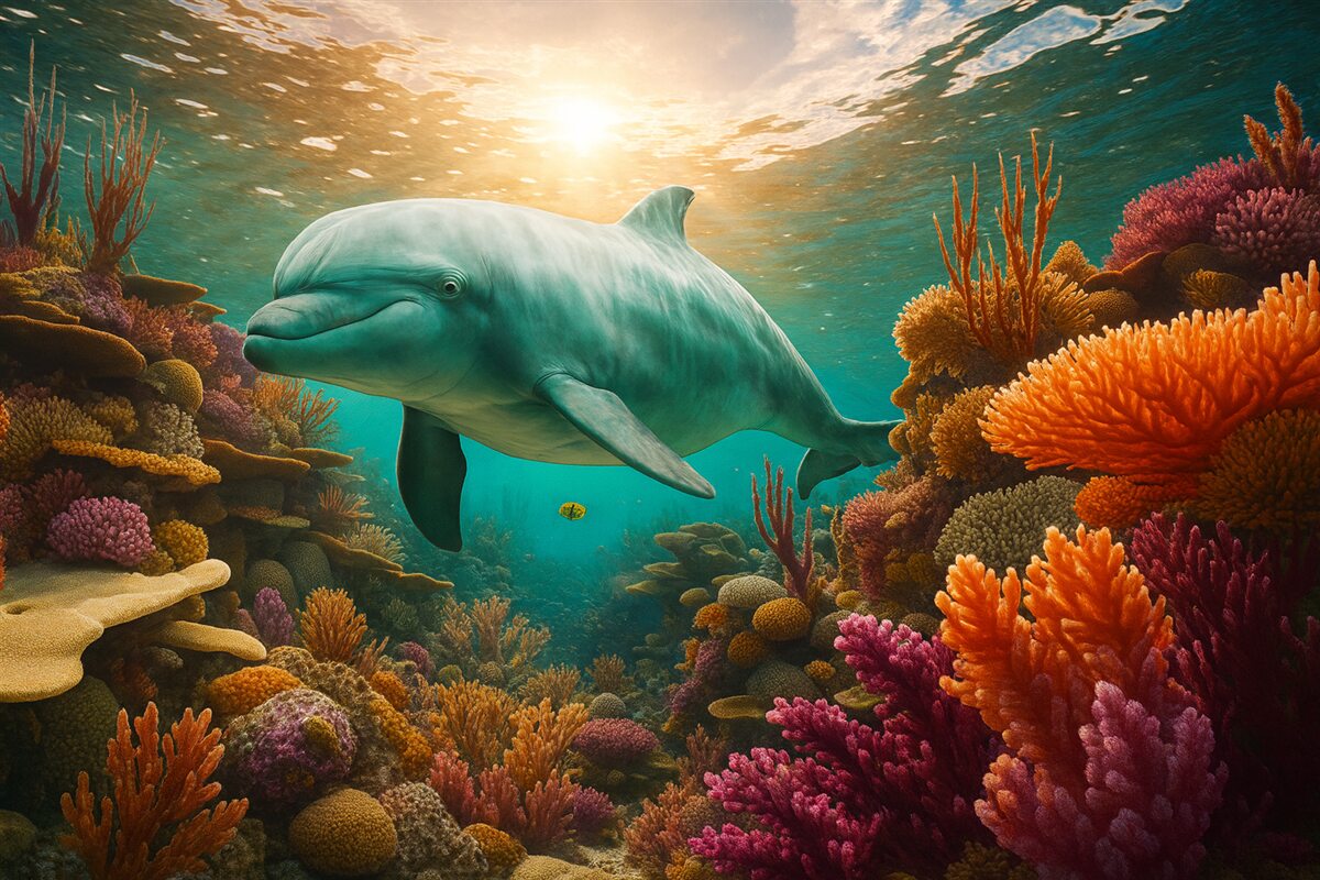 Fototapeta Wielki delfin w morskim środowisku raf koralowych.