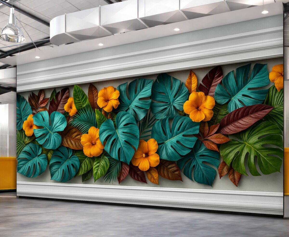 Fototapeta Tapeta 3D z barwnymi tropikalnymi liśćmi i geometrycznymi wzorami na szarym tle.