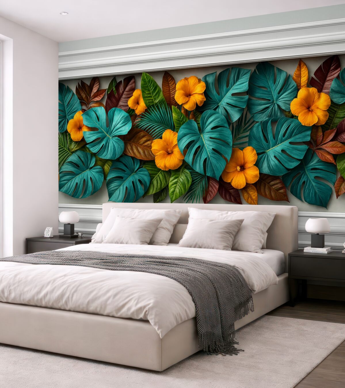 Fototapeta Tapeta 3D z barwnymi tropikalnymi liśćmi i geometrycznymi wzorami na szarym tle.