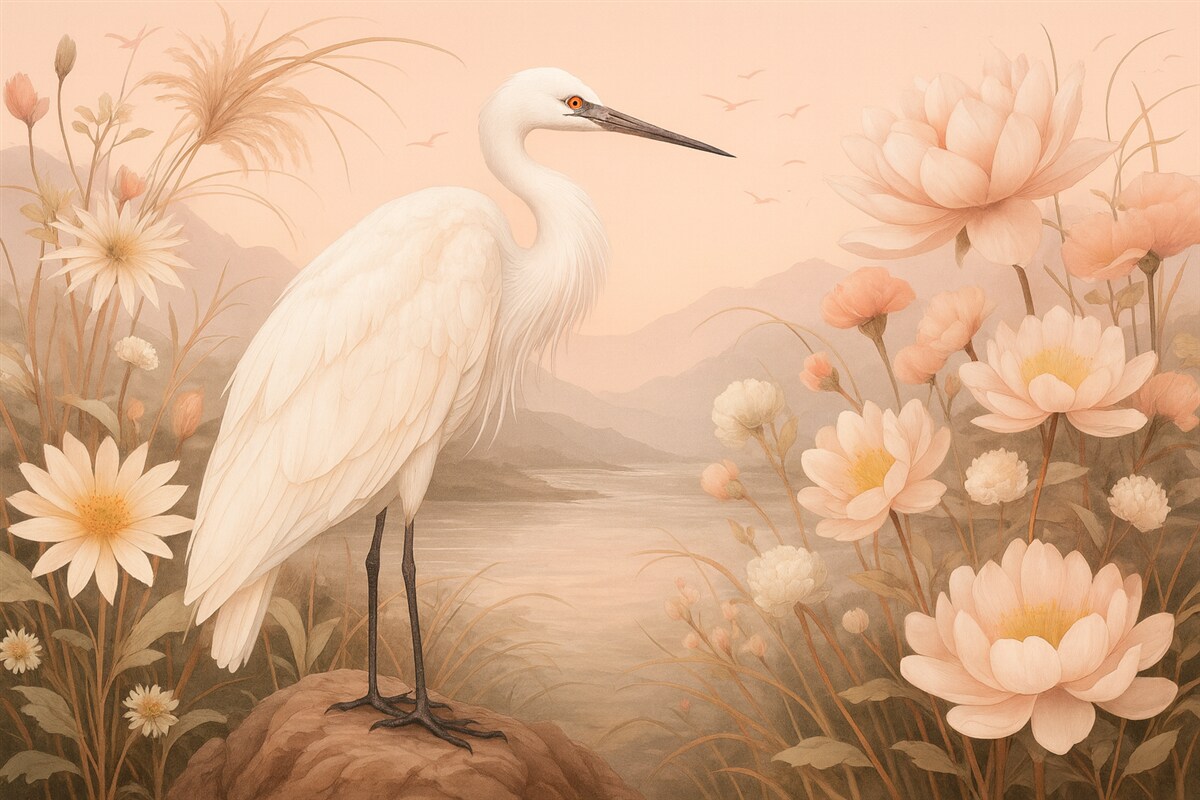 Fototapeta Cudowny biały ptak wśród kwiatów, piwonie, staw, subtelne różowe odcienie.