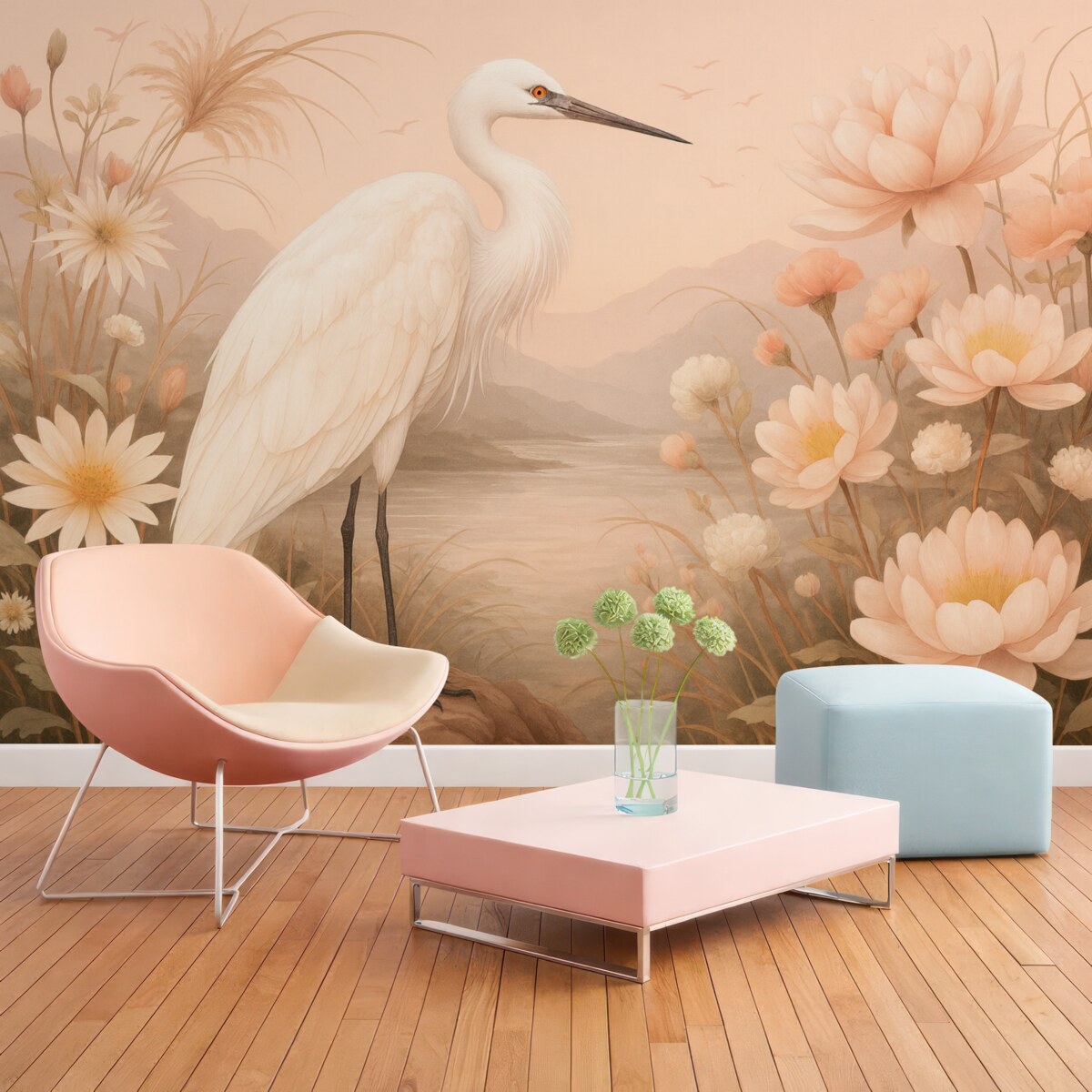 Fototapeta Cudowny biały ptak wśród kwiatów, piwonie, staw, subtelne różowe odcienie.