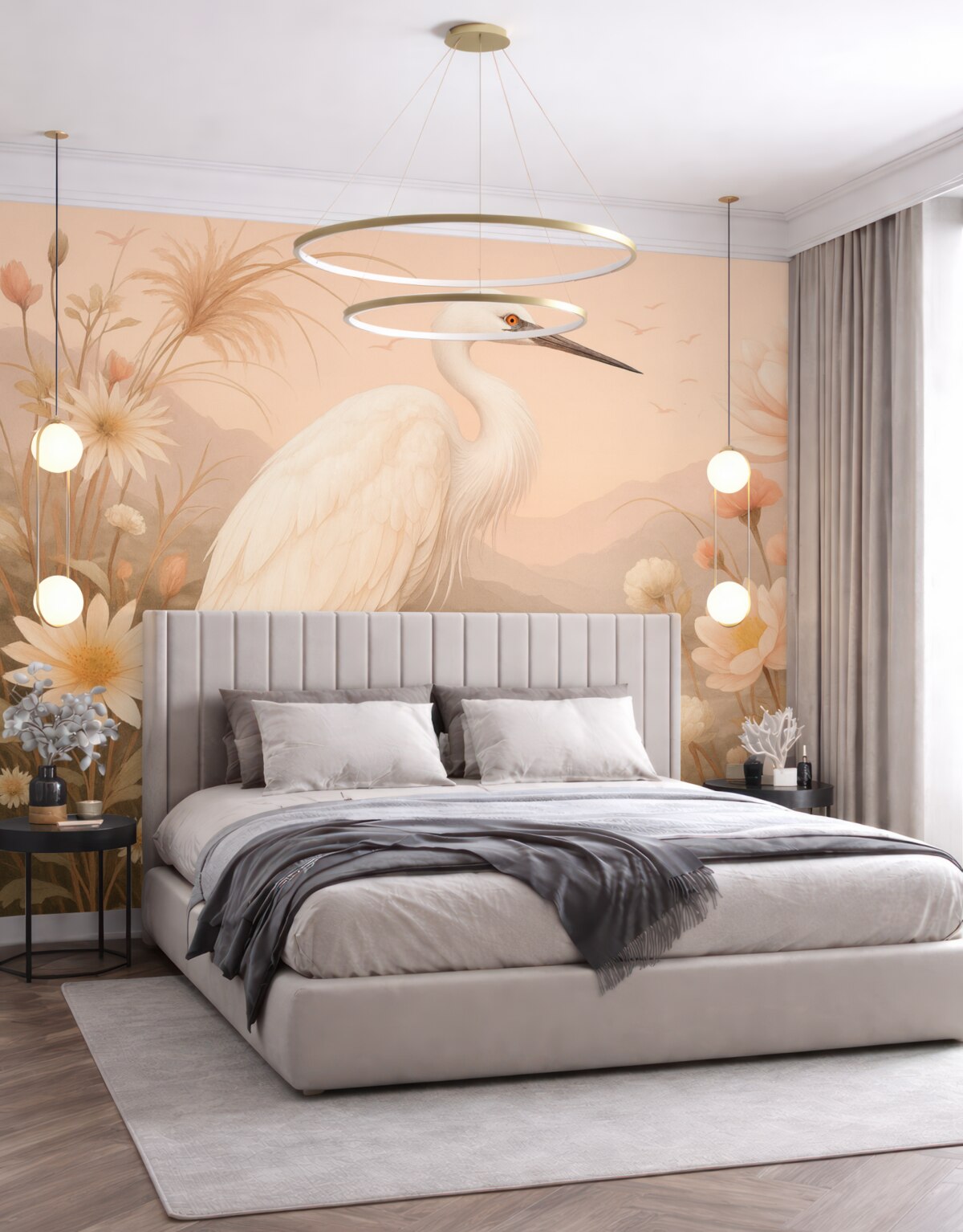 Fototapeta Cudowny biały ptak wśród kwiatów, piwonie, staw, subtelne różowe odcienie.