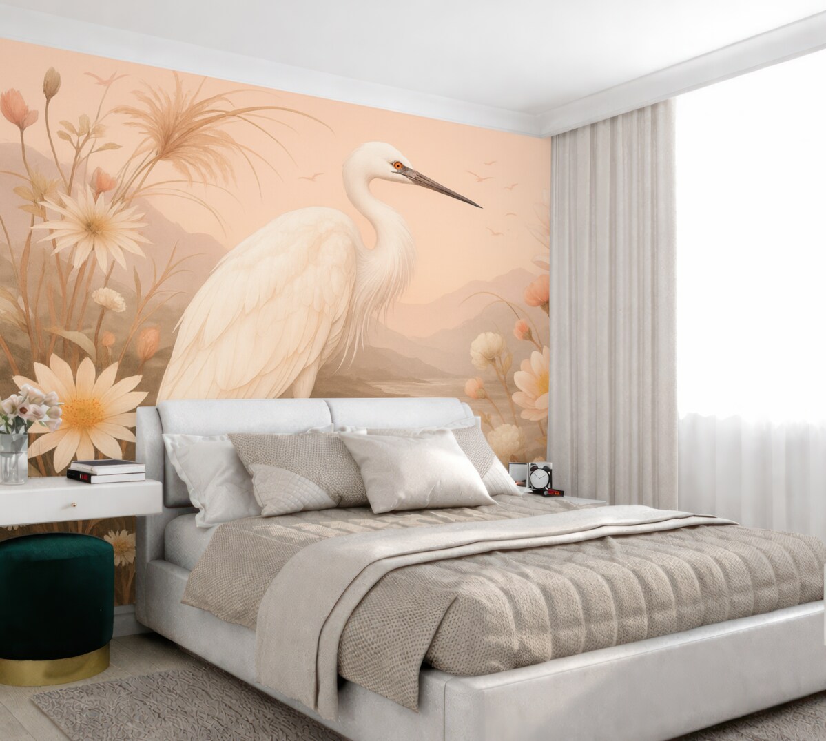 Fototapeta Cudowny biały ptak wśród kwiatów, piwonie, staw, subtelne różowe odcienie.