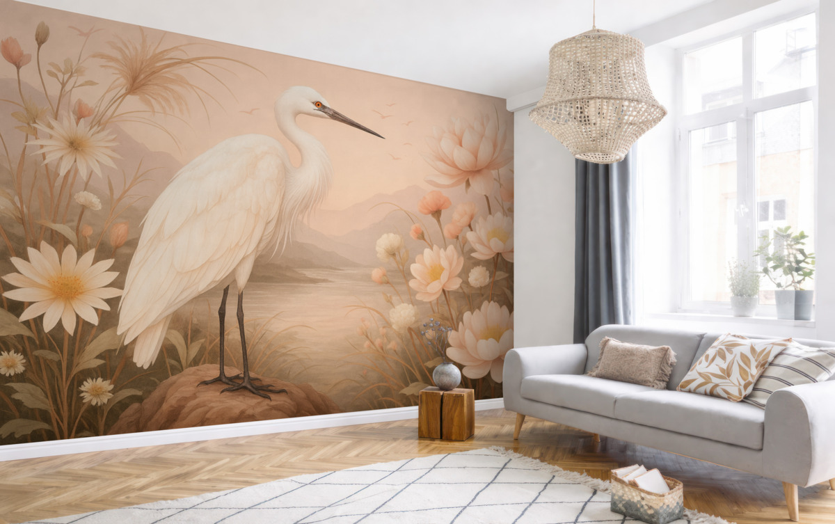 Fototapeta Cudowny biały ptak wśród kwiatów, piwonie, staw, subtelne różowe odcienie.