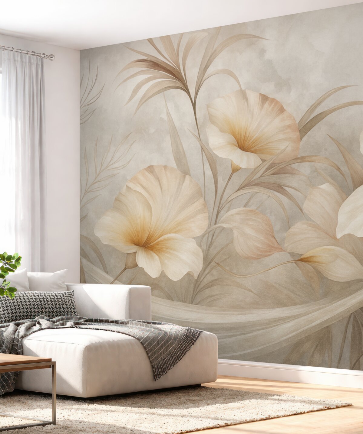 Fototapeta Jasnobeżowe kwiaty na tle abstrakcyjnym.