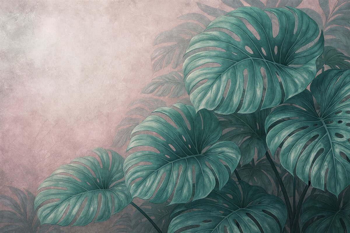 Fototapeta Wielkie liście monstery na subtelnym różowym tle.