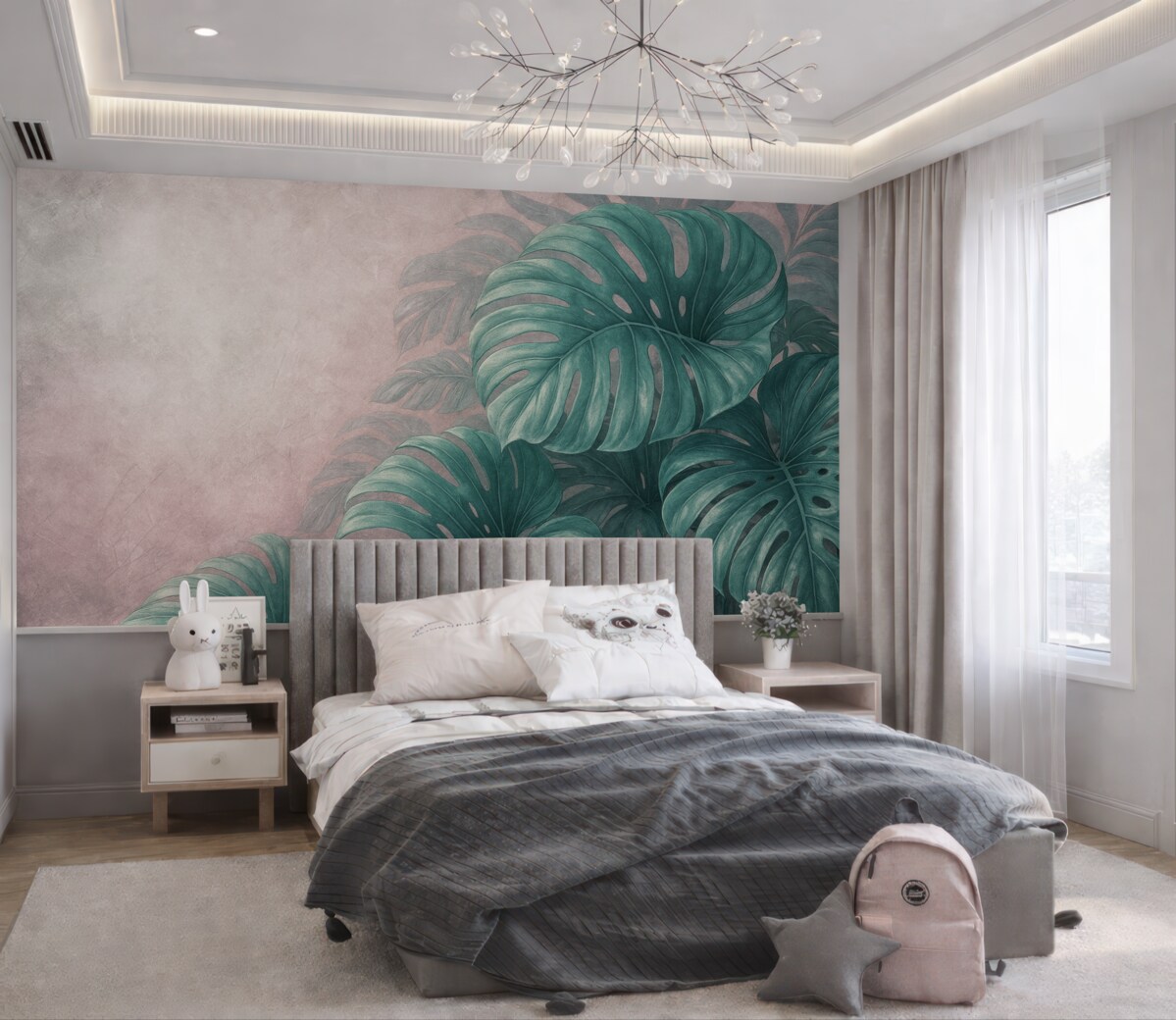 Fototapeta Wielkie liście monstery na subtelnym różowym tle.