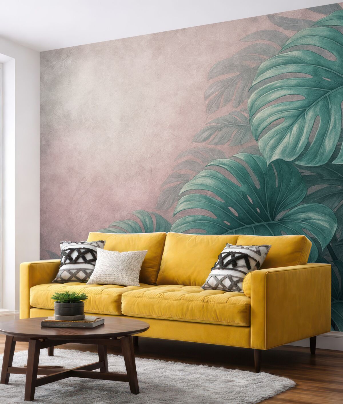 Fototapeta Wielkie liście monstery na subtelnym różowym tle.