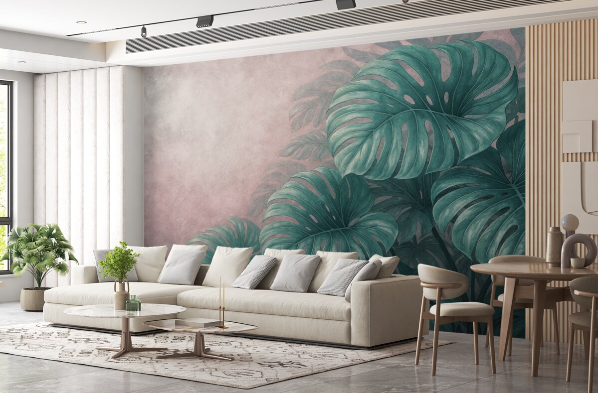 Fototapeta Wielkie liście monstery na subtelnym różowym tle.