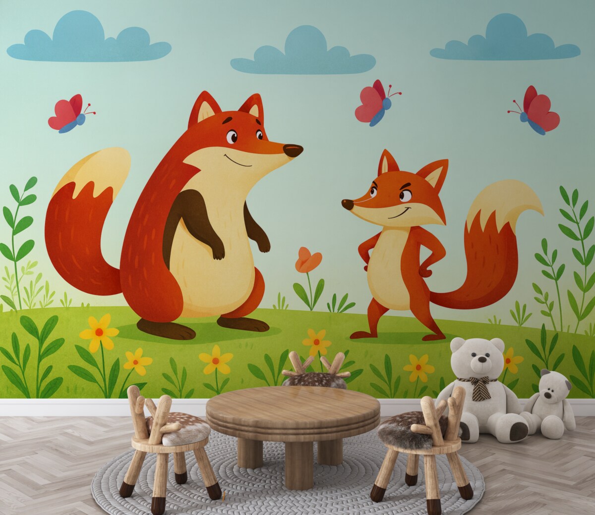 Fototapeta Lisy na błękitnym tle i dzikie rośliny.