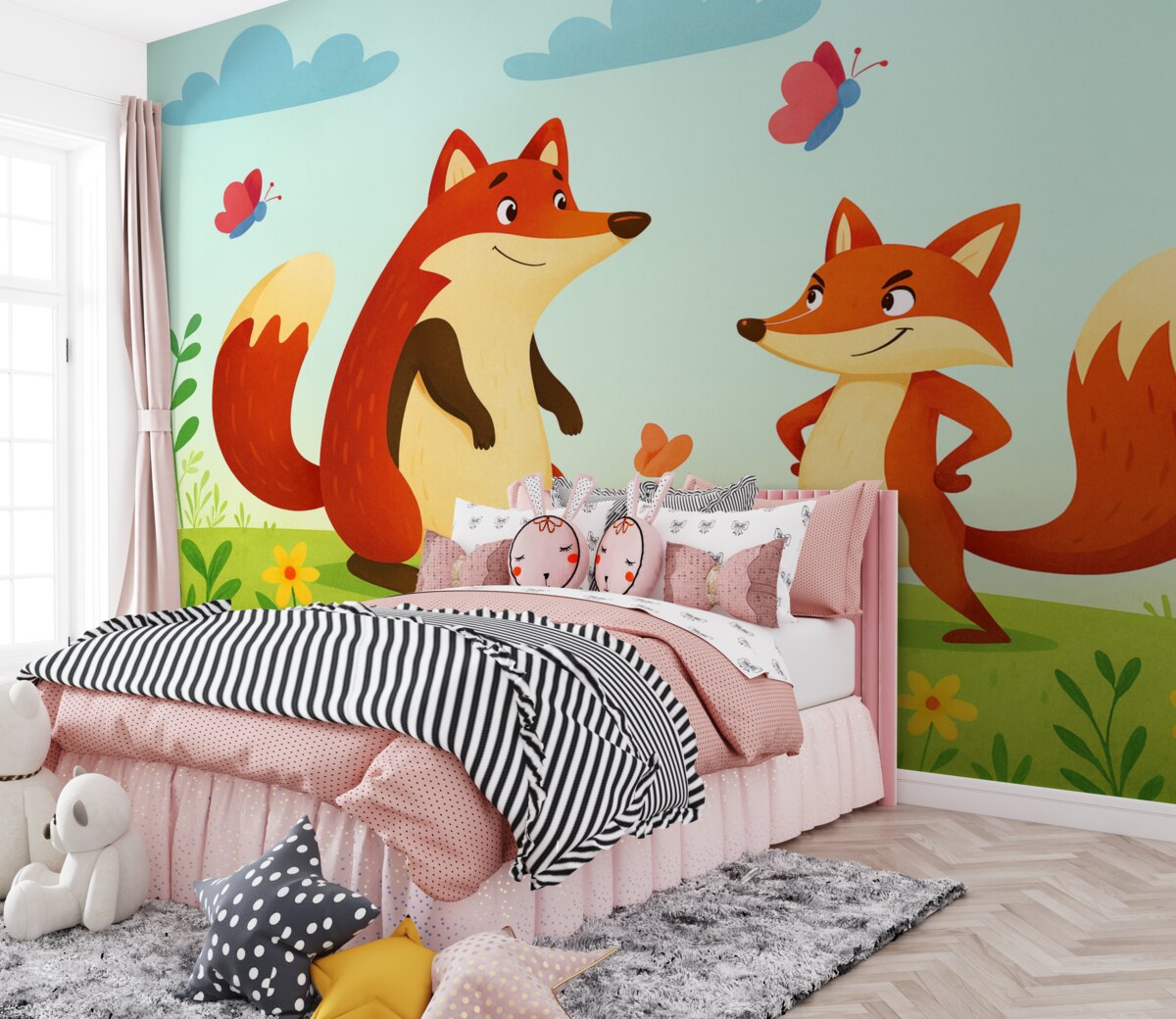 Fototapeta Lisy na błękitnym tle i dzikie rośliny.