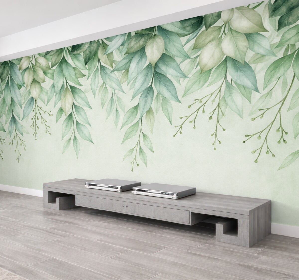 Fototapeta Zielone liście oraz gałązki opadające z góry.