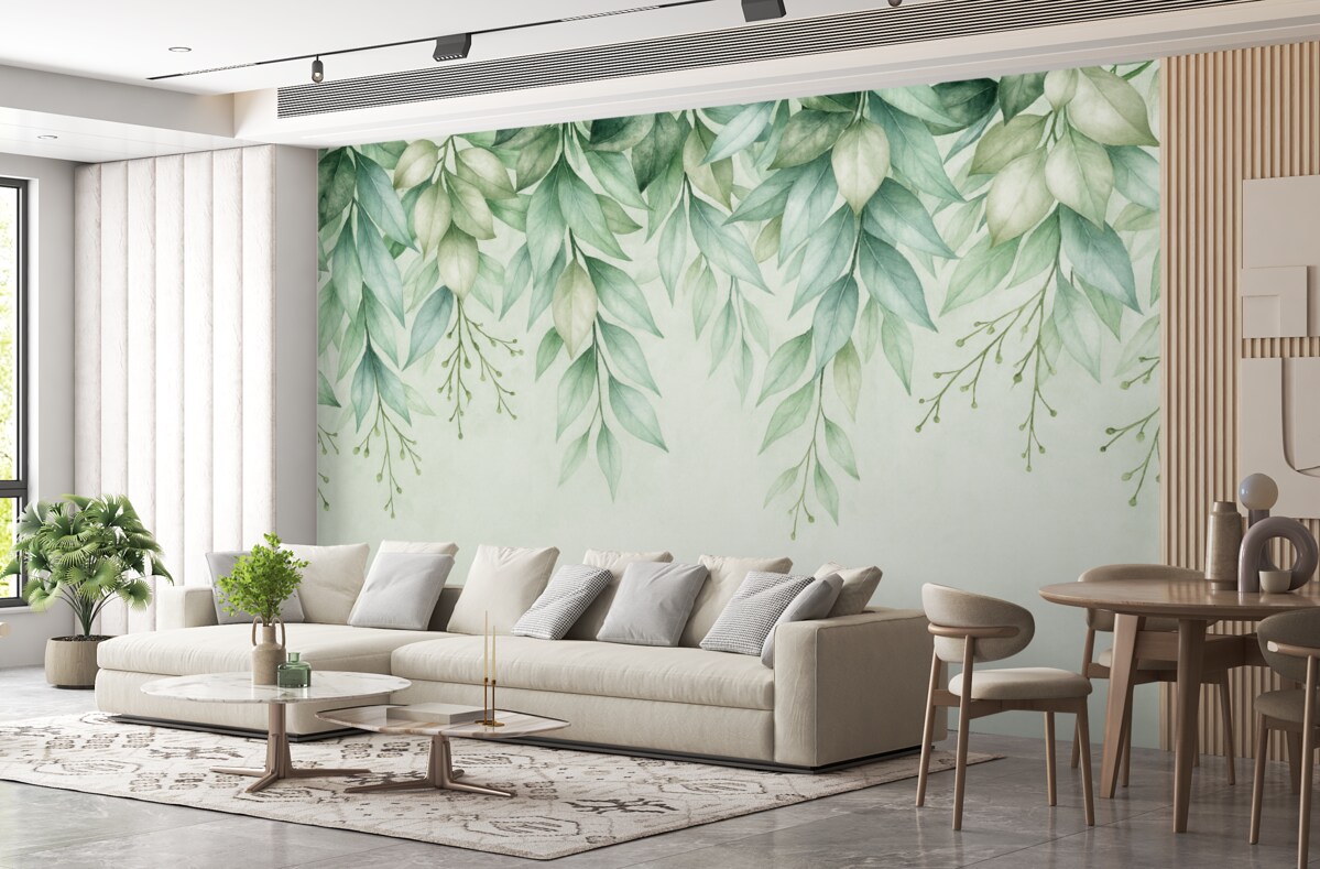 Fototapeta Zielone liście oraz gałązki opadające z góry.