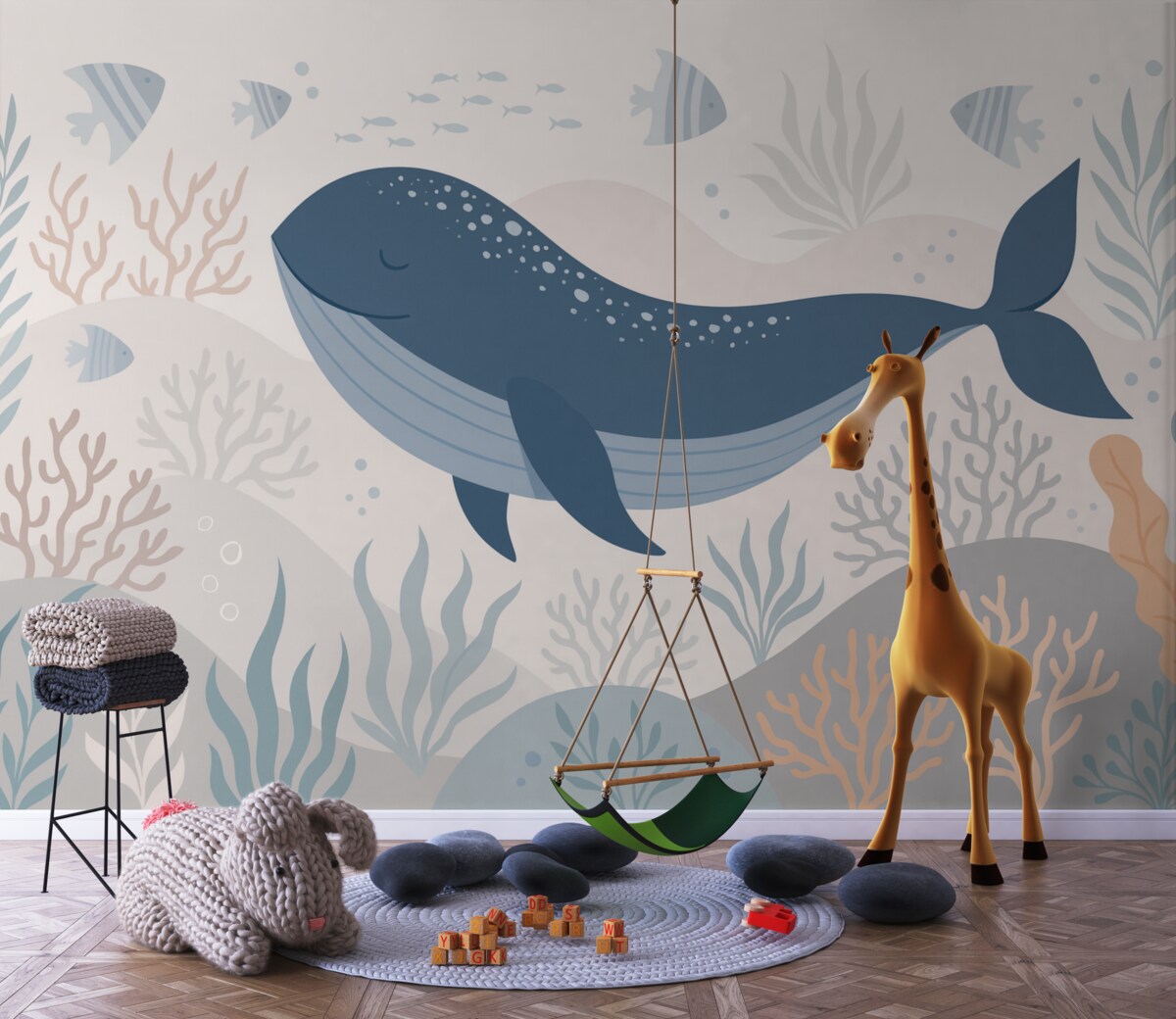 Fototapeta Ogromny wieloryb w morskiej rzeczywistości wśród roślinności.