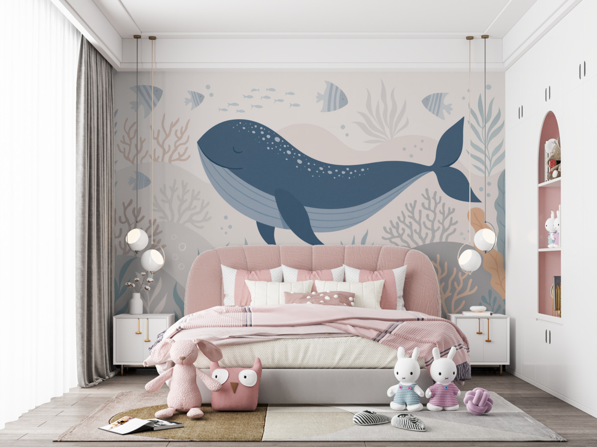 Fototapeta Ogromny wieloryb w morskiej rzeczywistości wśród roślinności.