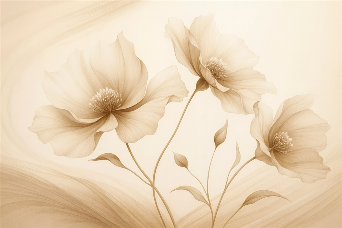 Fototapeta Trzy urokliwe kwiaty z półprzezroczystymi płatkami, splecione wstęgami światła i wiatru w tonacjach beżu.