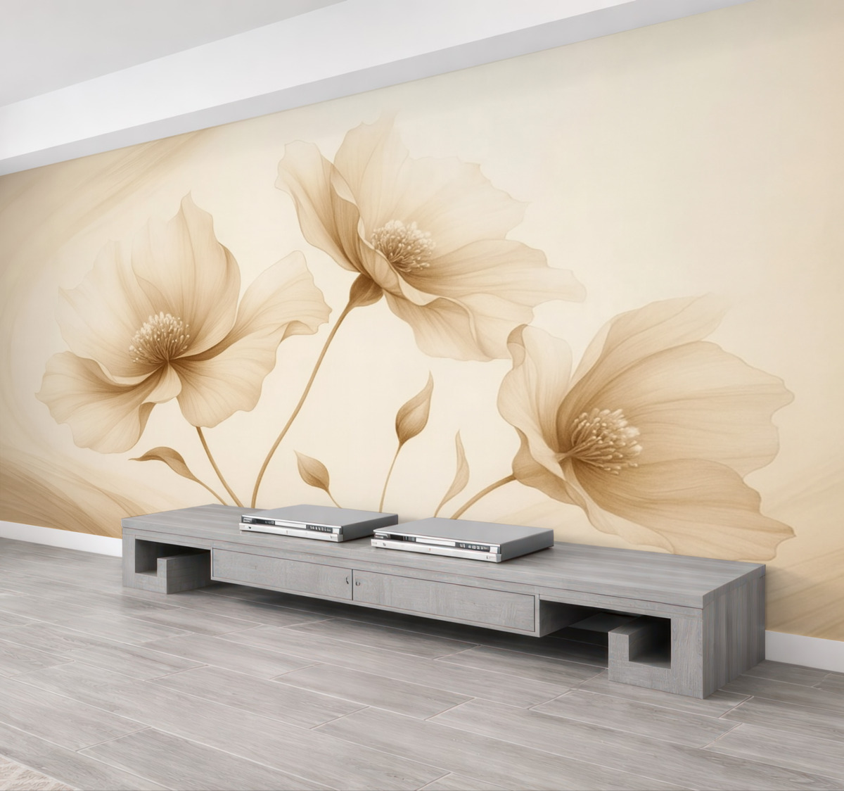 Fototapeta Trzy urokliwe kwiaty z półprzezroczystymi płatkami, splecione wstęgami światła i wiatru w tonacjach beżu.