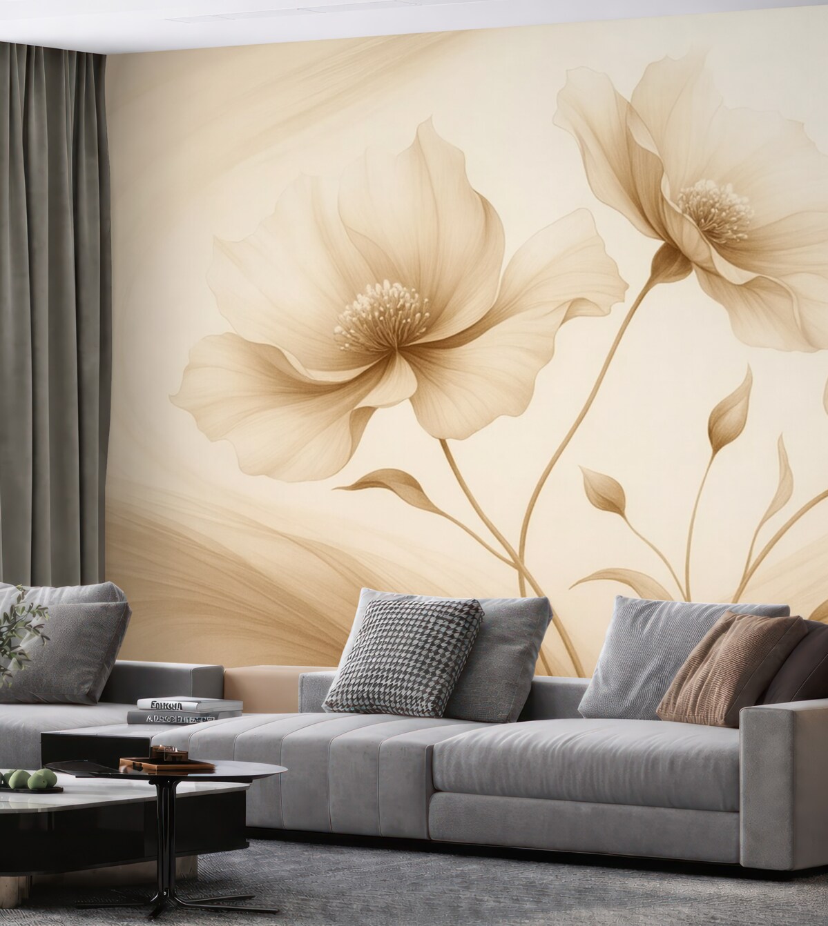 Fototapeta Trzy urokliwe kwiaty z półprzezroczystymi płatkami, splecione wstęgami światła i wiatru w tonacjach beżu.