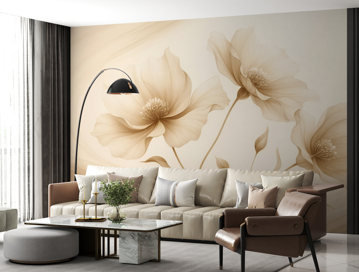 Fototapeta Trzy urokliwe kwiaty z półprzezroczystymi płatkami, splecione wstęgami światła i wiatru w tonacjach beżu.