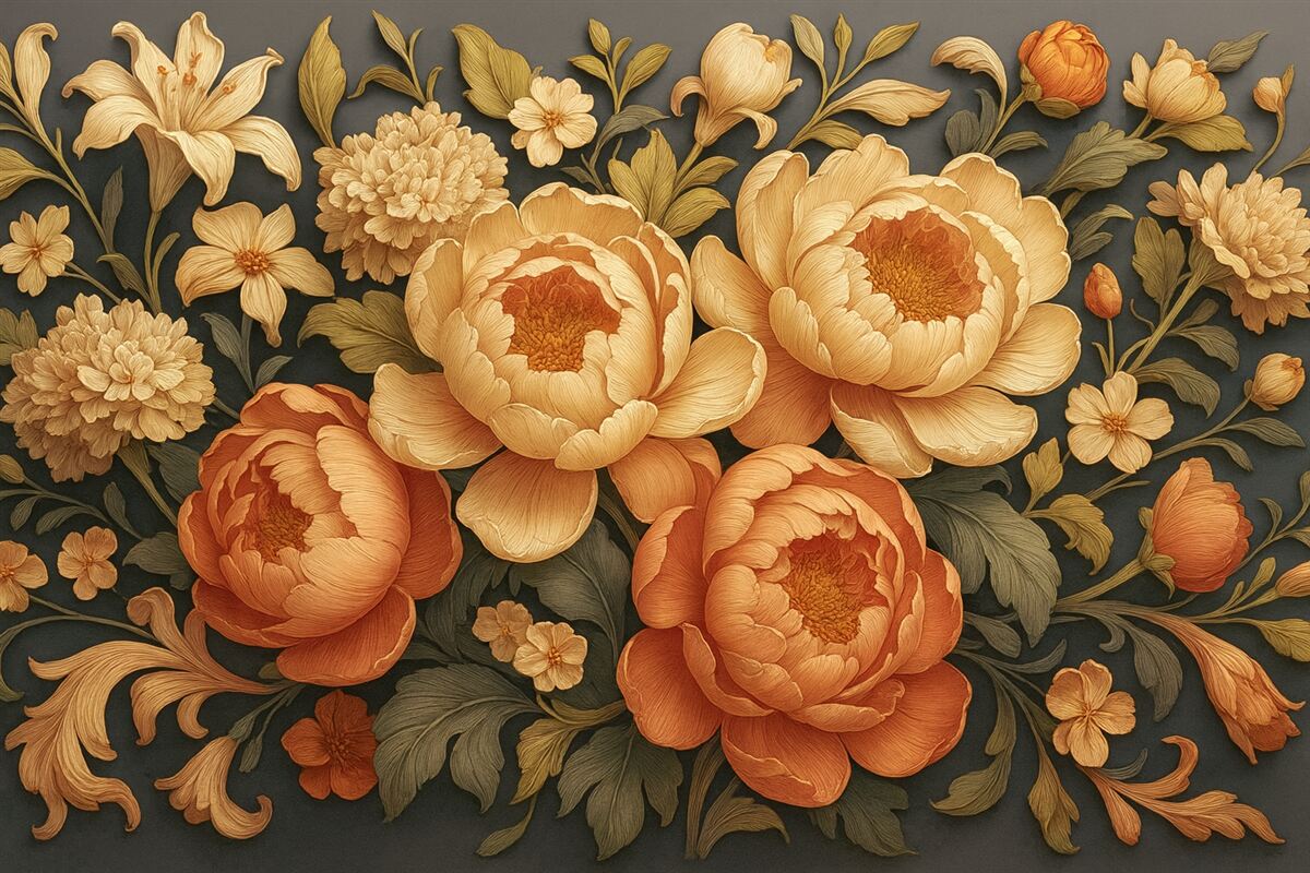 Fototapeta Kompozycja florystyczna 3D z różowo-beżowymi piwoniami oraz różami w stylu rokokowym na ciemnym tle.