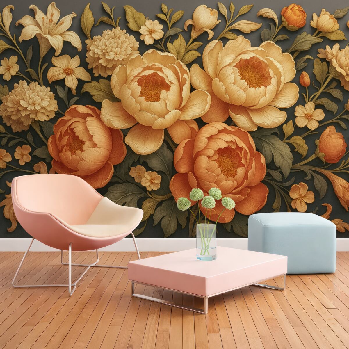 Fototapeta Kompozycja florystyczna 3D z różowo-beżowymi piwoniami oraz różami w stylu rokokowym na ciemnym tle.