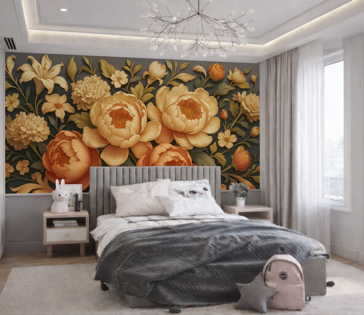 Fototapeta Kompozycja florystyczna 3D z różowo-beżowymi piwoniami oraz różami w stylu rokokowym na ciemnym tle.