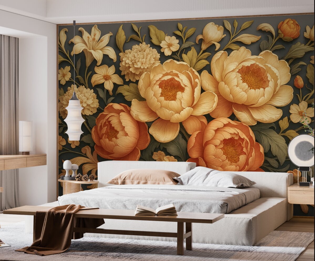 Fototapeta Kompozycja florystyczna 3D z różowo-beżowymi piwoniami oraz różami w stylu rokokowym na ciemnym tle.