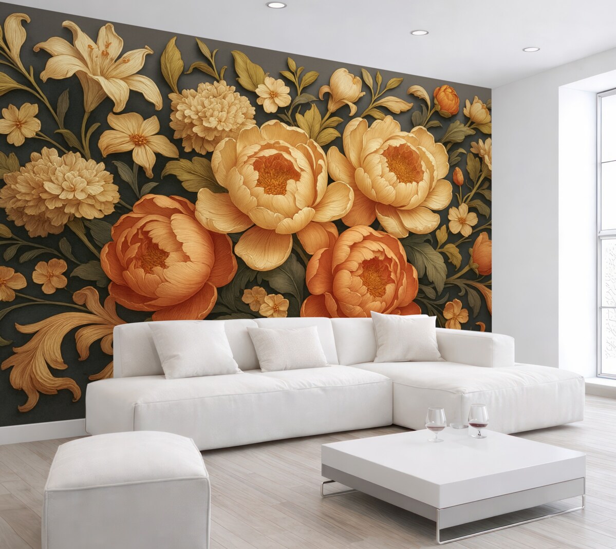 Fototapeta Kompozycja florystyczna 3D z różowo-beżowymi piwoniami oraz różami w stylu rokokowym na ciemnym tle.