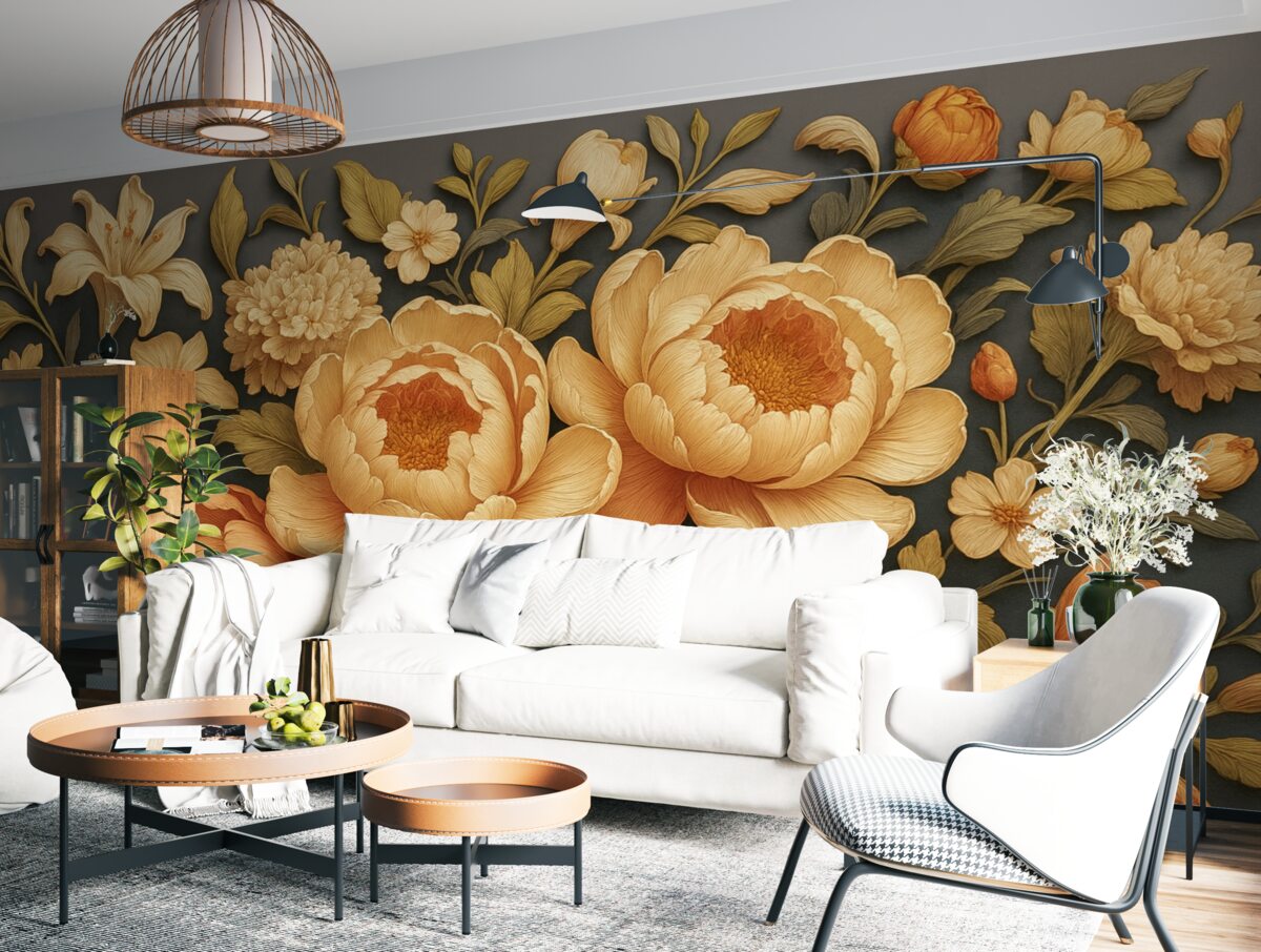 Fototapeta Kompozycja florystyczna 3D z różowo-beżowymi piwoniami oraz różami w stylu rokokowym na ciemnym tle.