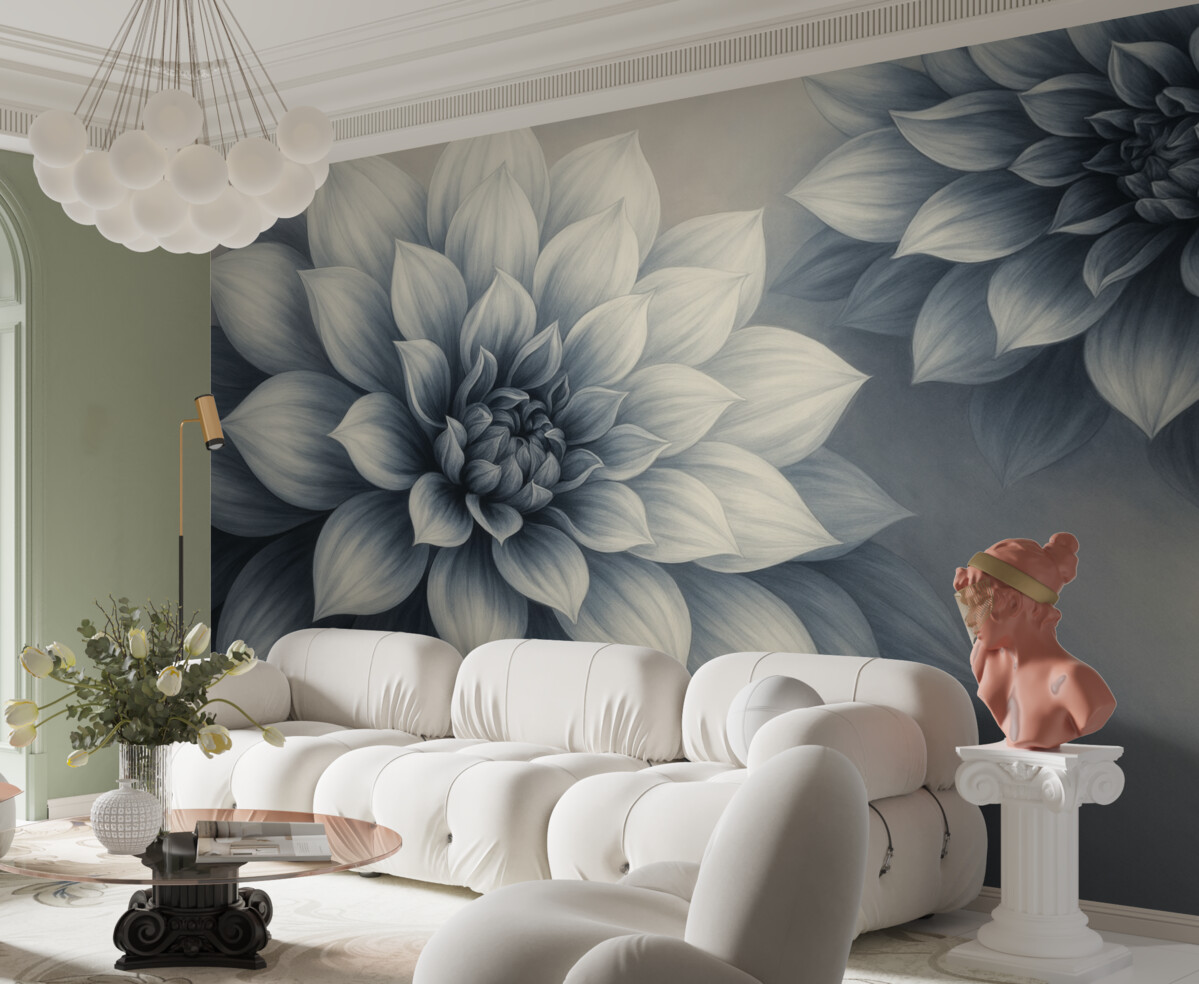 Fototapeta Rozległe kwiaty z licznymi płatkami, przedstawione w skalach szarości i niebieskich tonów.