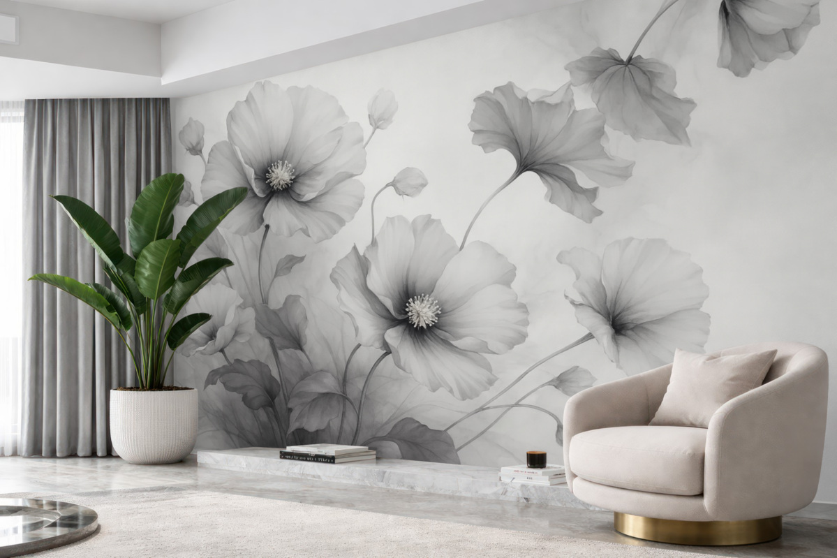 Fototapeta Lekko opadające, półprzezroczyste szare kwiaty zlewające się w porannym blasku.