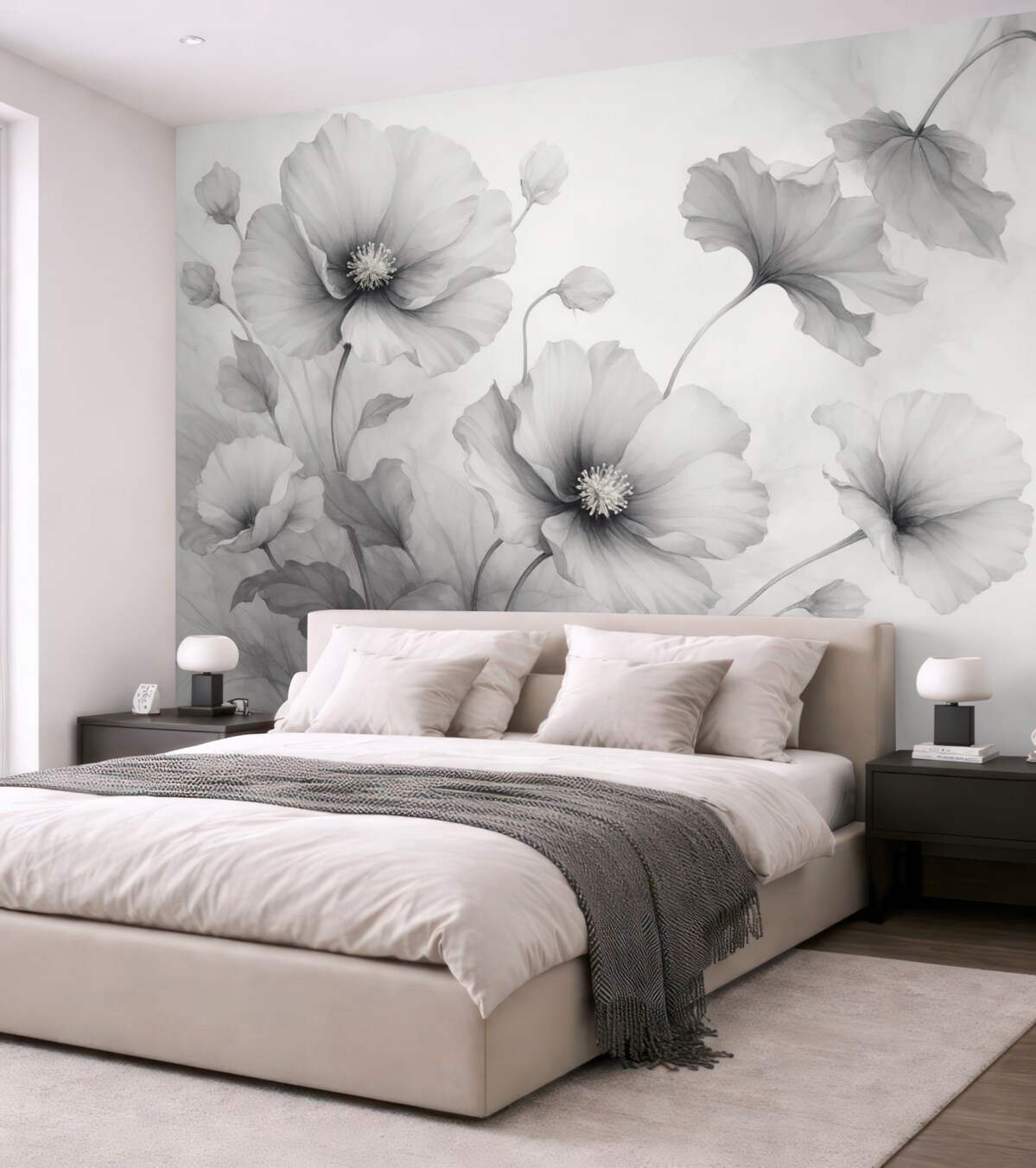 Fototapeta Lekko opadające, półprzezroczyste szare kwiaty zlewające się w porannym blasku.