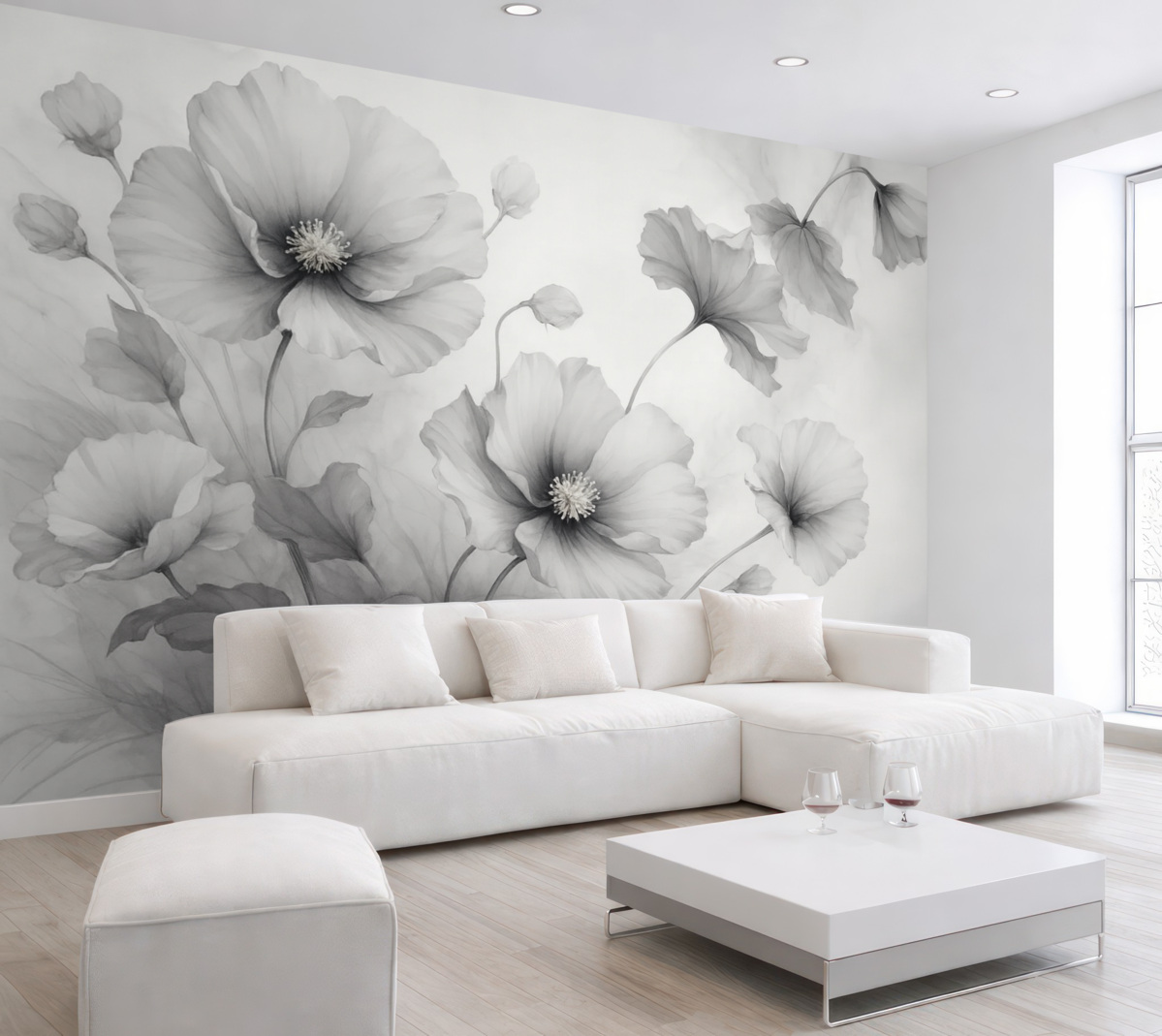 Fototapeta Lekko opadające, półprzezroczyste szare kwiaty zlewające się w porannym blasku.