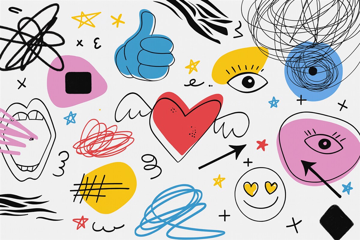 Fototapeta Znakami i symbolami taktycznymi są rysunki, zamieszanie, linie oraz kolory: niebieski, żółty, czerwony i różowy.