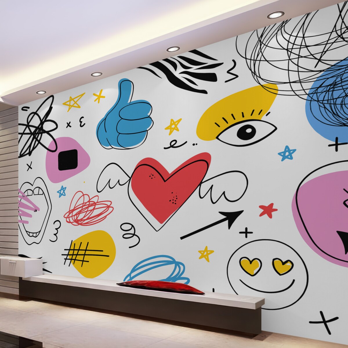 Fototapeta Znakami i symbolami taktycznymi są rysunki, zamieszanie, linie oraz kolory: niebieski, żółty, czerwony i różowy.