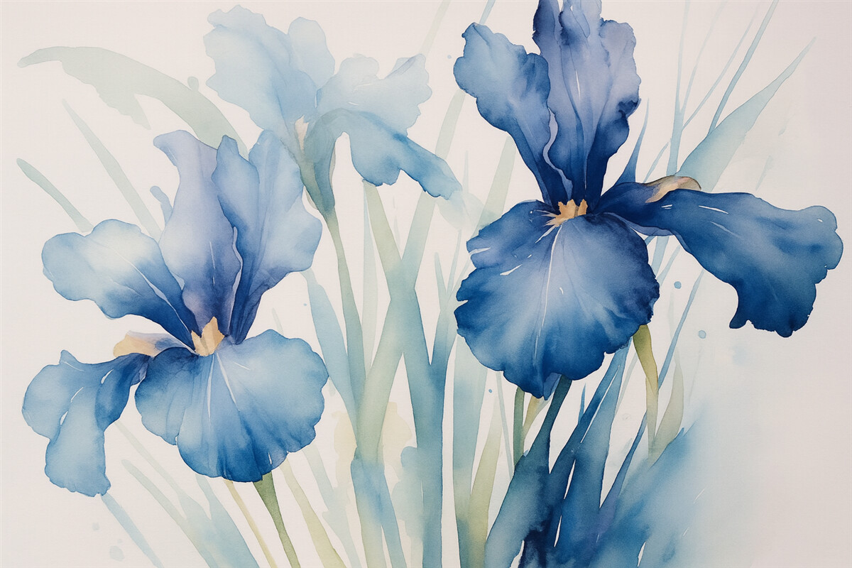 Fototapeta Irysy w rozmytej technice mokrej akwareli, kolor fioletowo-niebieski.