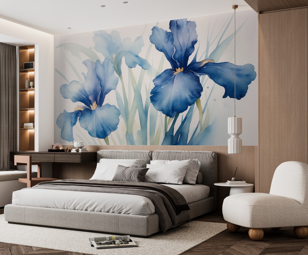 Fototapeta Irysy w rozmytej technice mokrej akwareli, kolor fioletowo-niebieski.