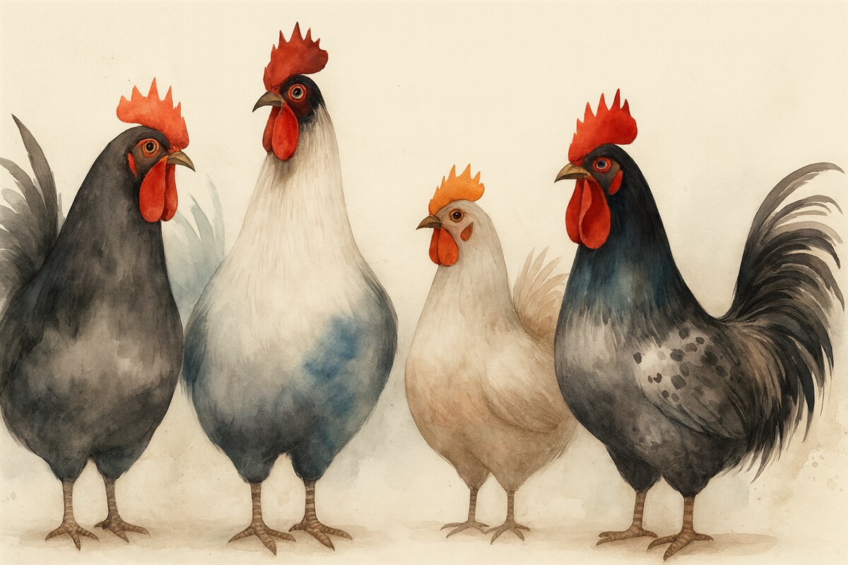 Fototapeta Kury i koguty w rozmytym stylu wilgotnej akwareli.