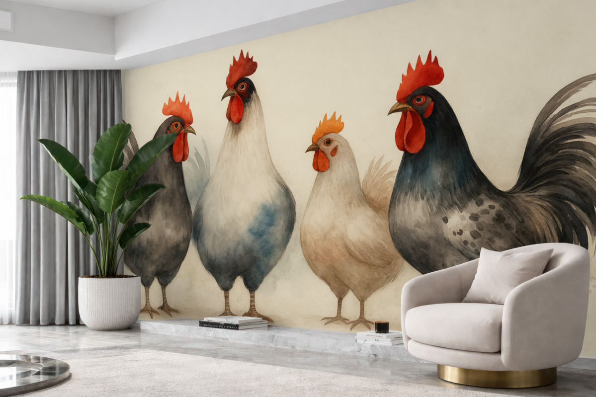 Fototapeta Kury i koguty w rozmytym stylu wilgotnej akwareli.