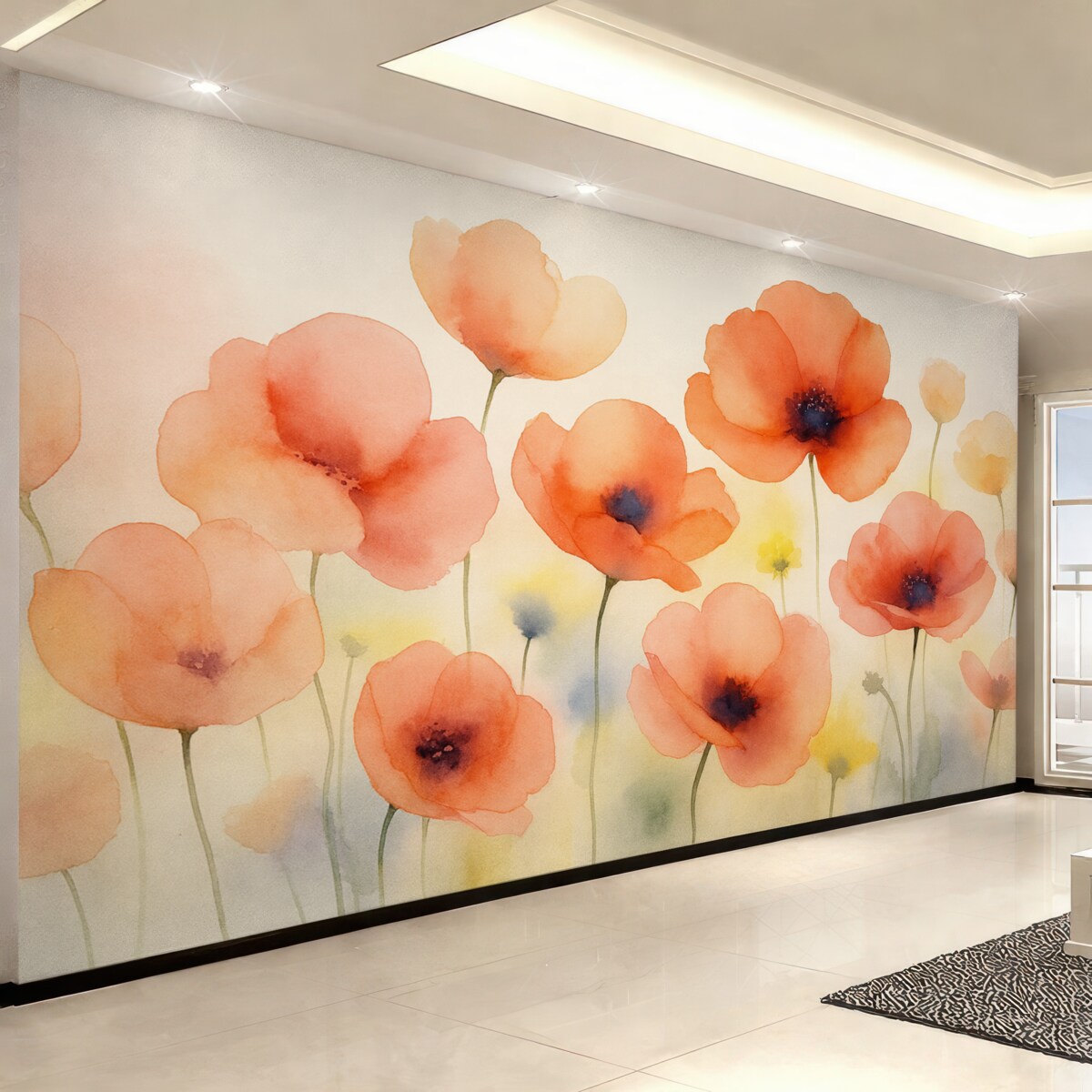 Fototapeta Czerwone różowe kwiaty zamazane wilgotne akwarele w stylu.