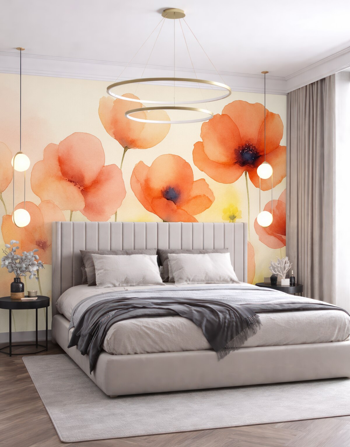 Fototapeta Czerwone różowe kwiaty zamazane wilgotne akwarele w stylu.