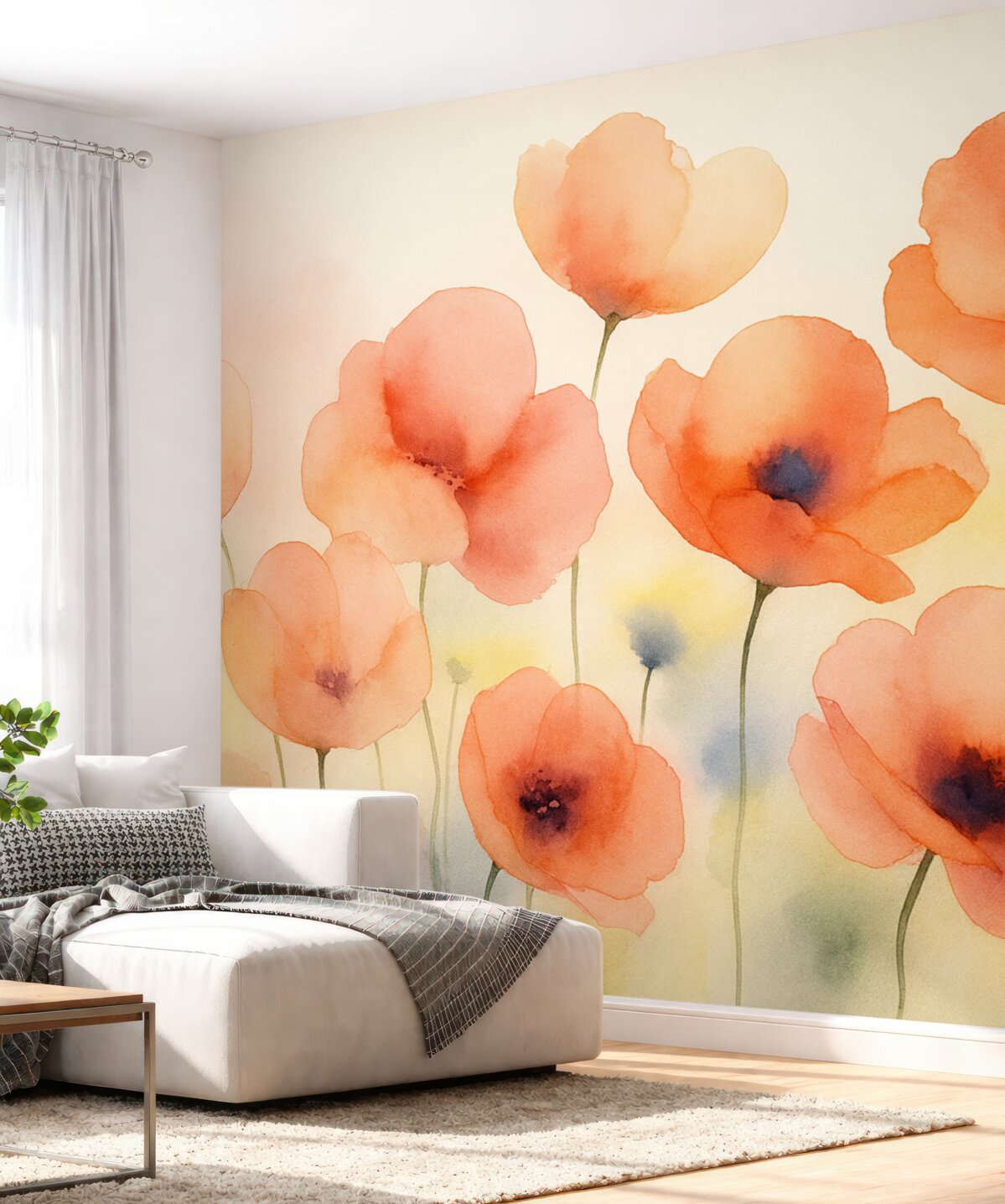 Fototapeta Czerwone różowe kwiaty zamazane wilgotne akwarele w stylu.