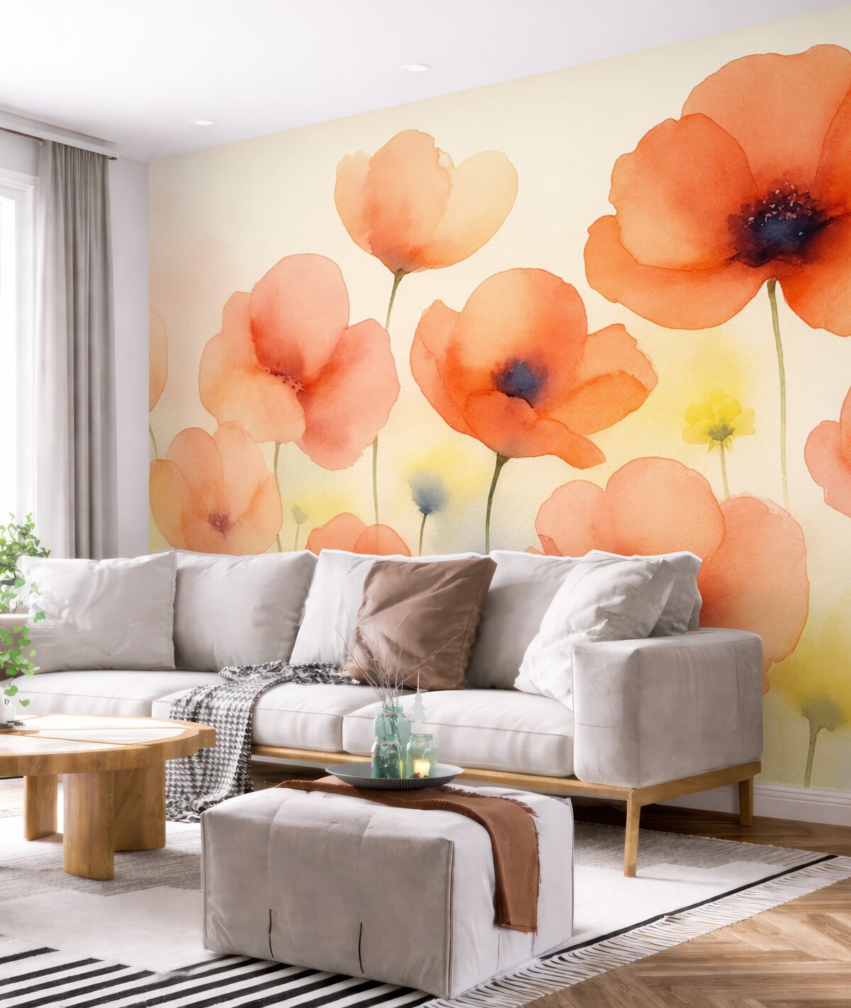 Fototapeta Czerwone różowe kwiaty zamazane wilgotne akwarele w stylu.