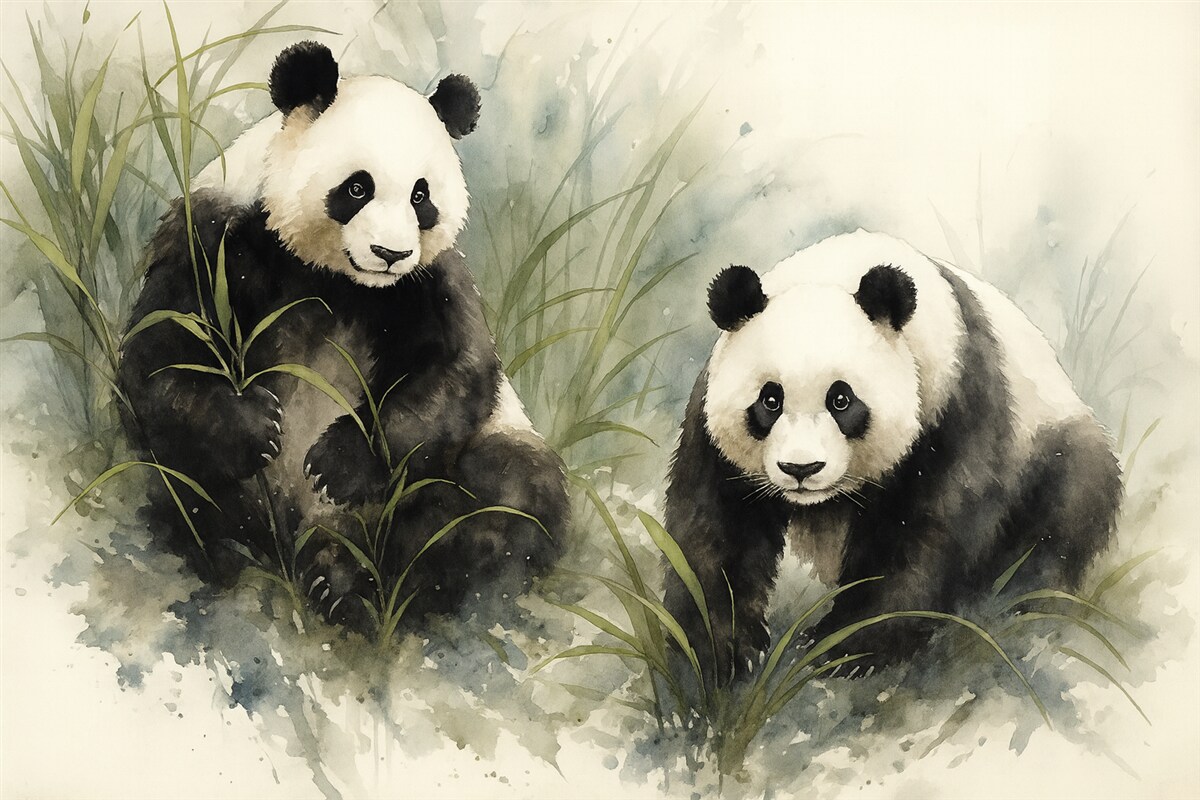 Fototapeta Pandy rozmyte w stylu wilgotnej akwareli.