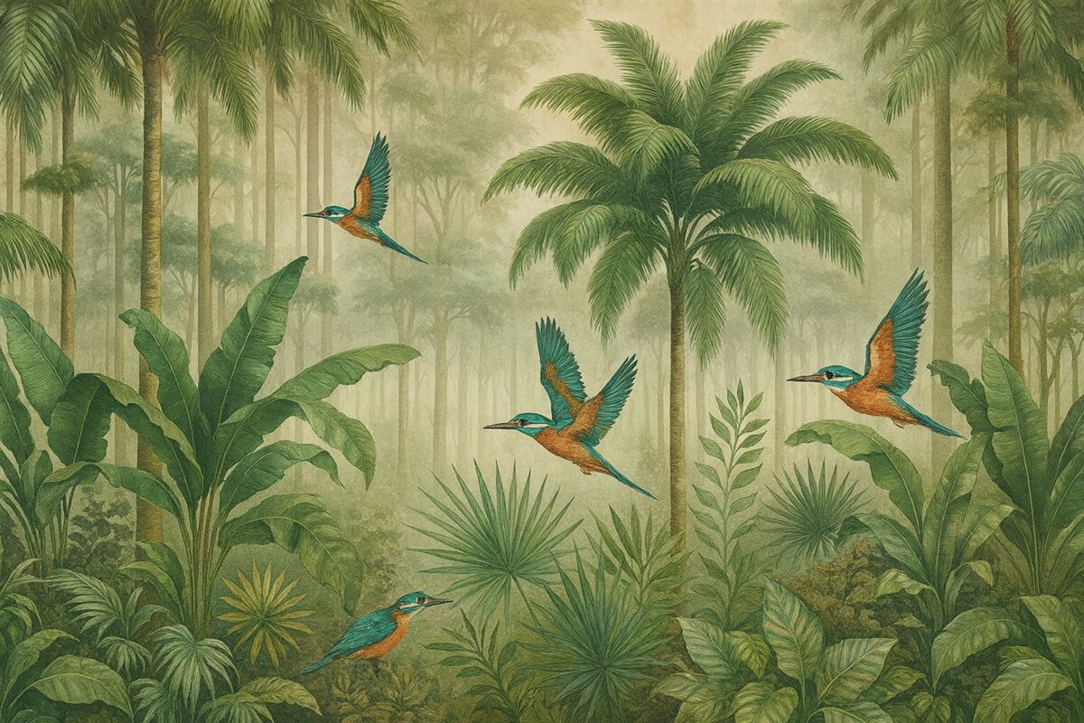 Fototapeta Widok na tropikalny krajobraz z ptakami.