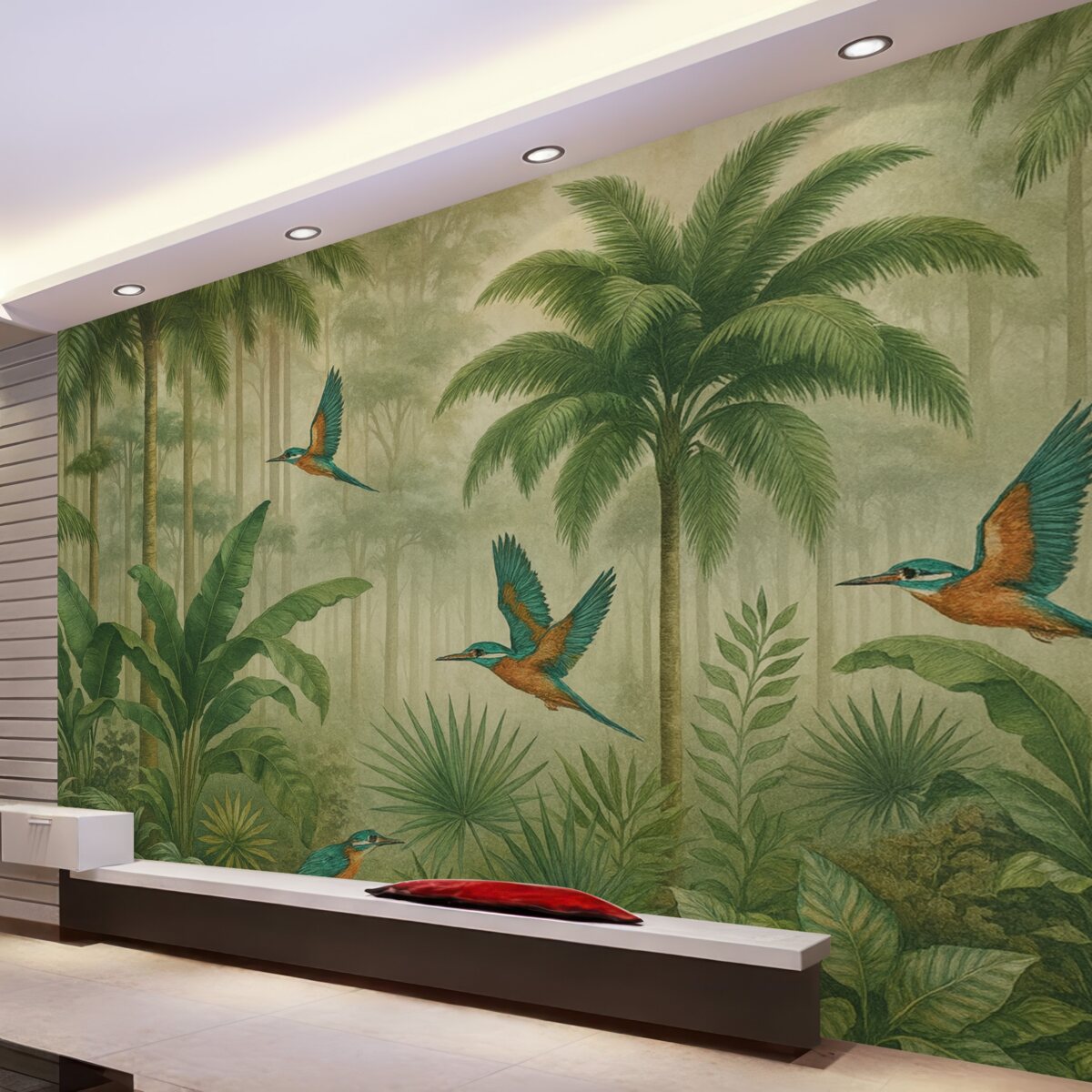 Fototapeta Widok na tropikalny krajobraz z ptakami.