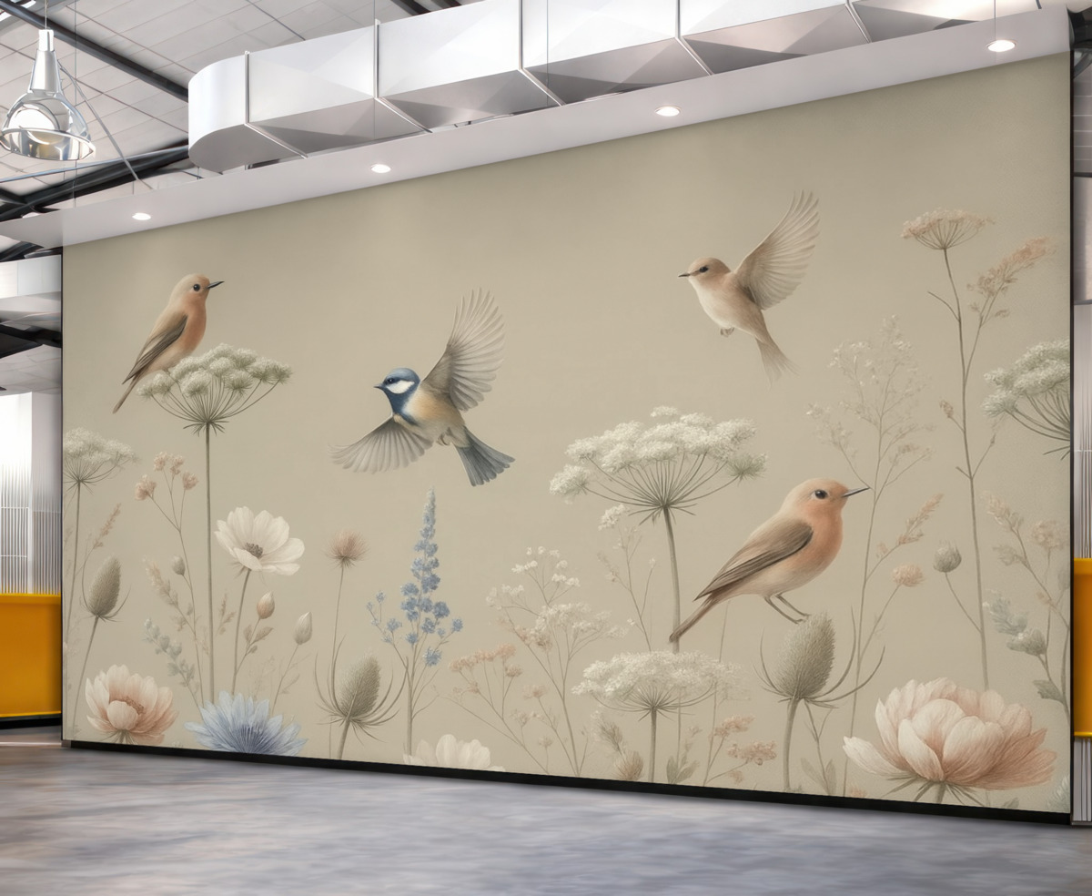 Fototapeta Subtelne wiejskie kwiaty z ptakami na jasnobrązowym tle.