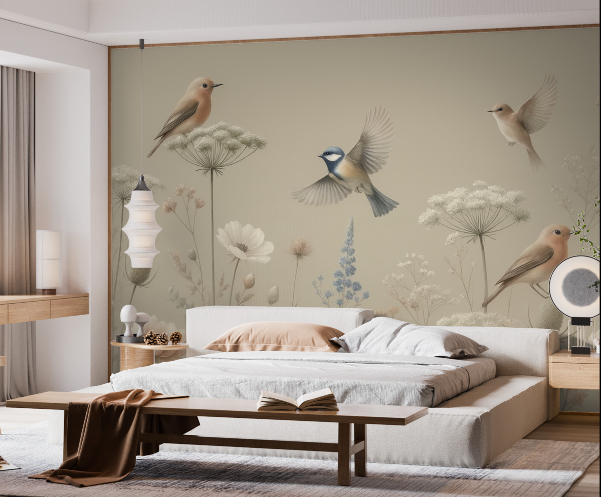 Fototapeta Subtelne wiejskie kwiaty z ptakami na jasnobrązowym tle.